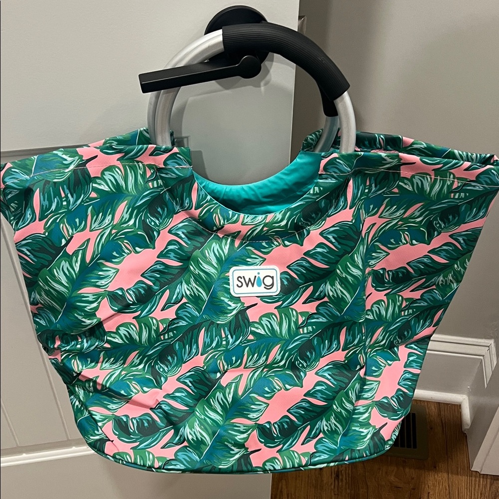Swig Pink and Green Leaf Print Tote Bag